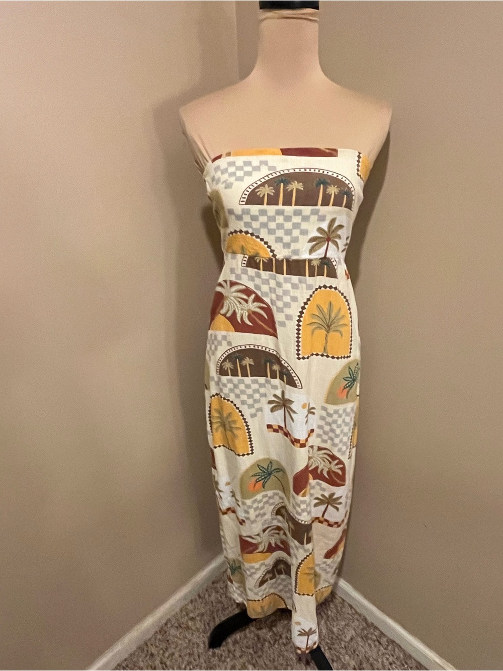 Anthropologie Paper Heart Strapless Tropical Print Maxi in Cream & Yellow, Med